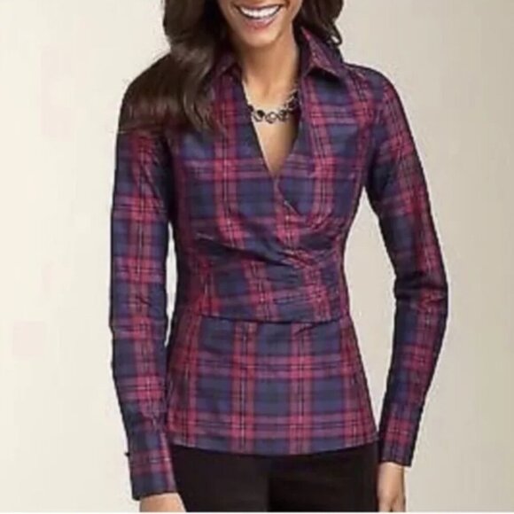 Talbots plaid faux wrap silk blend long sleeve top size 4 petite G45 - Picture 1 of 8